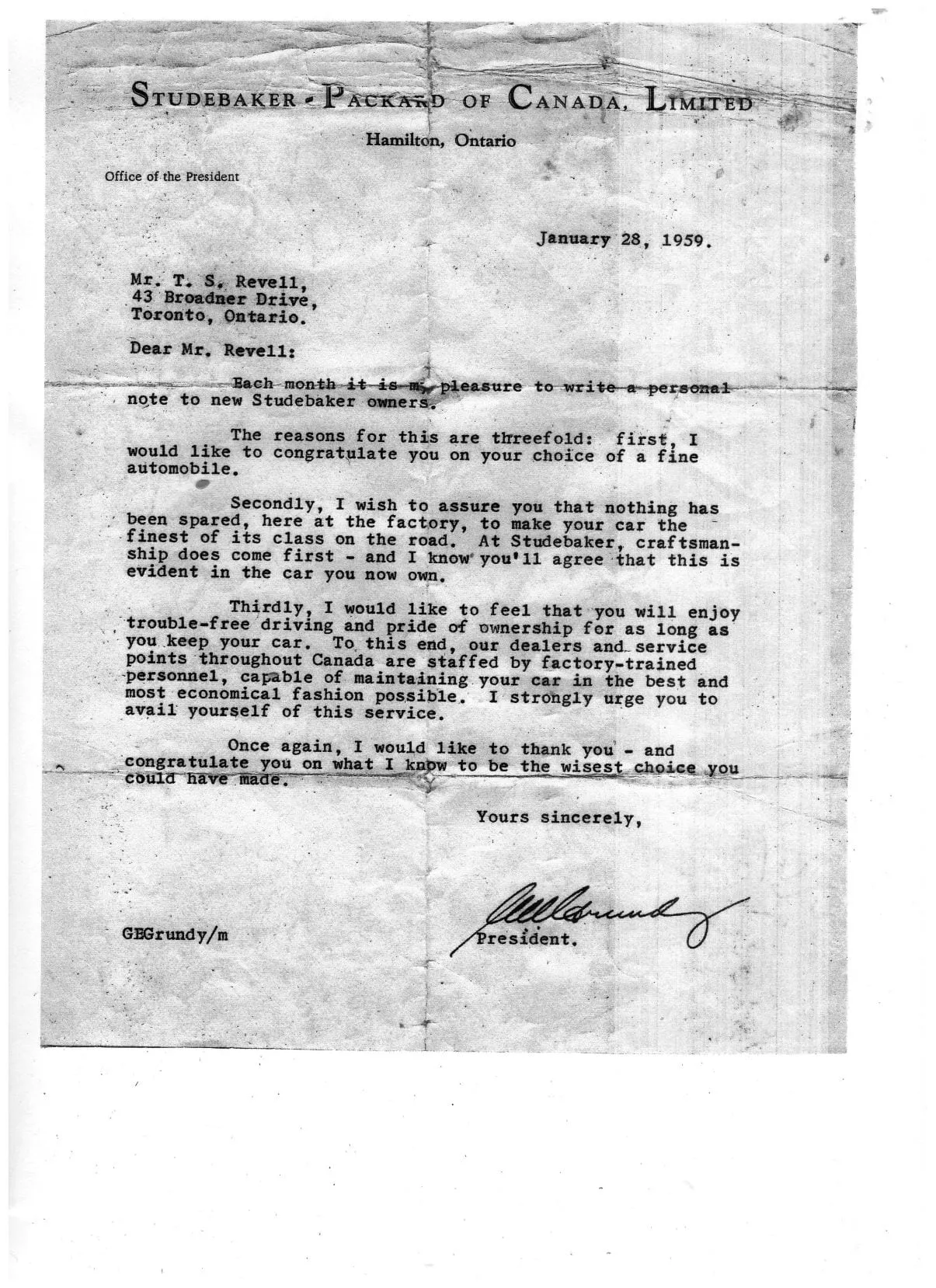 A letter from Gordon E Grundy about the Avanti that was not to be